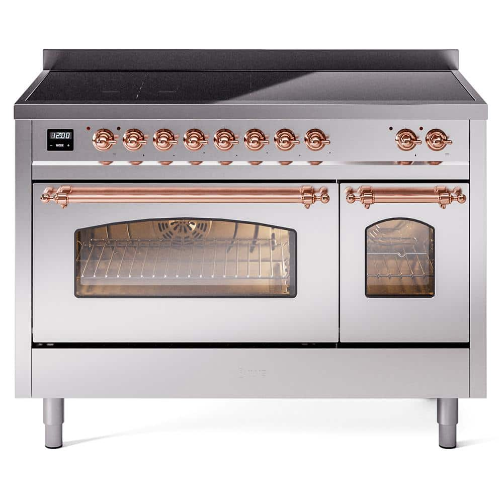 Nostalgie 48 in. 6 Zone Freestanding Double Oven Induction Range in Stainless Steel with Copper Trim -  ILVE, UPI486NMPSSP