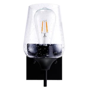 1-Light Black Wall Sconce with Seeded Glass Shade
