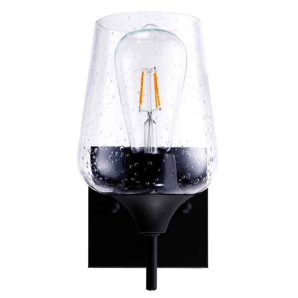 1-Light Black Wall Sconce with Seeded Glass Shade