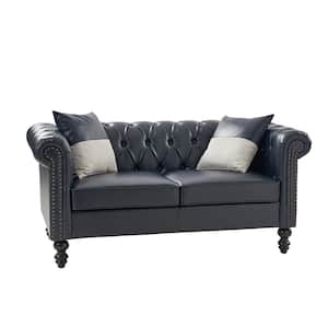 Felisa 62.2" Wide Rectangle Button-tufted Leather Sofa with Rolled Arms and Gourd-shaped Solid Wood Legs-Navy