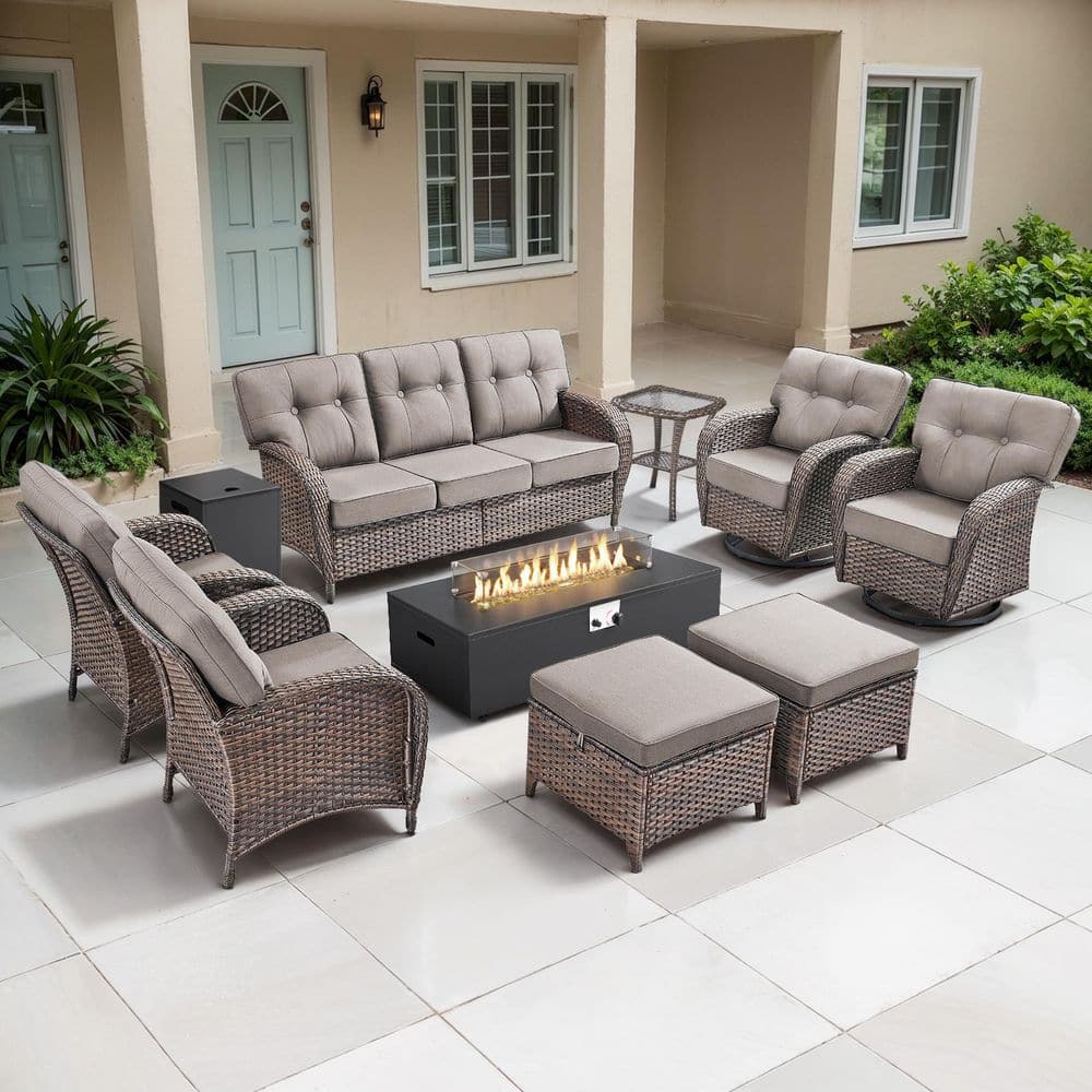 TWrap Brown 9-Piece Wicker Outdoor Patio Fire Pit Conversation Set with Gray Cushions and Ottomans price history on PriceWatchPro