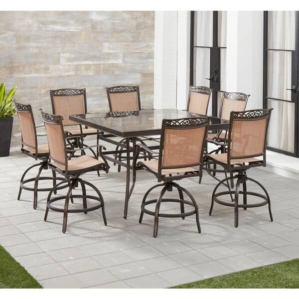 Hanover Fontana 9 Piece Aluminum Outdoor Dining Set With 8 Sling Swivel Chairs And A 60 In Square Glass Top Table Fntdn9pcbrsqg The Home Depot Hanover Fontana 9 Piece Aluminum, High Top Outdoor Dining Table Set For 8