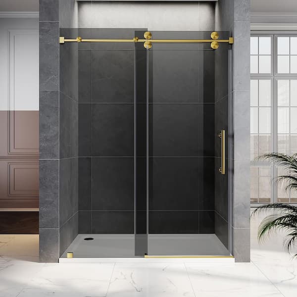 UKS04 56 to 60 in. W x 80 in. H Sliding Frameless Shower Door in Satin Brass, Enduro Shield 3/8 in. Gray Glass