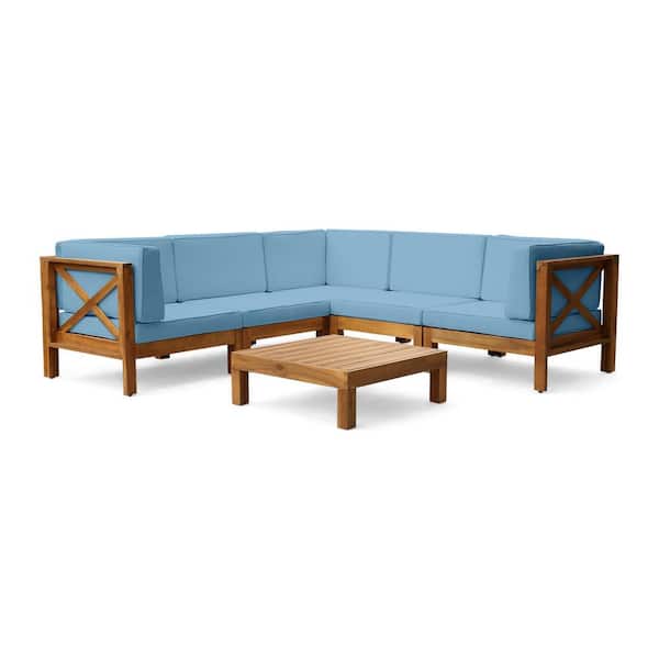 Noble House Brava Teak Brown 6-Piece Wood Outdoor Patio Conversation Sectional Seating Set with Blue Cushions
