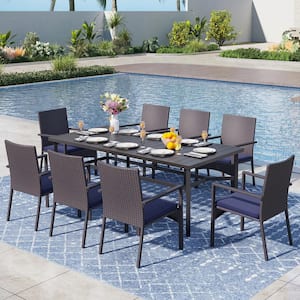 Black 9-Piece Metal Patio Outdoor Dining Set with Rattan Chair with Blue Cushion