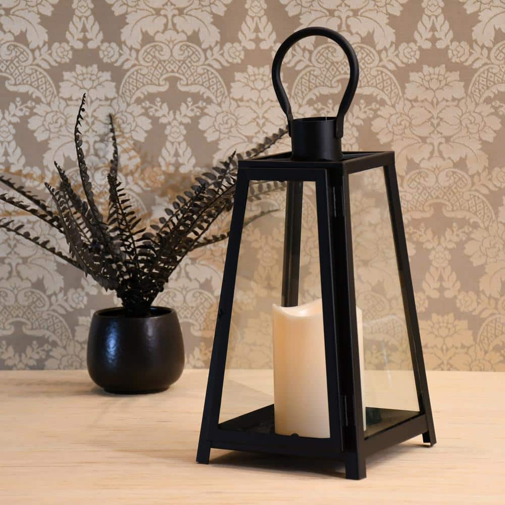 Black Metal Tabletop Lantern with Amber LED Candle