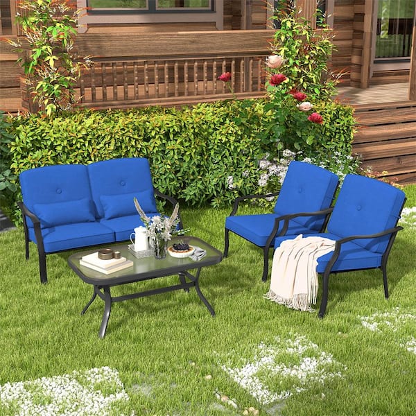 Costway Elegant Black 4-Piece Metal Patio Conversation Set with Blue Cushions