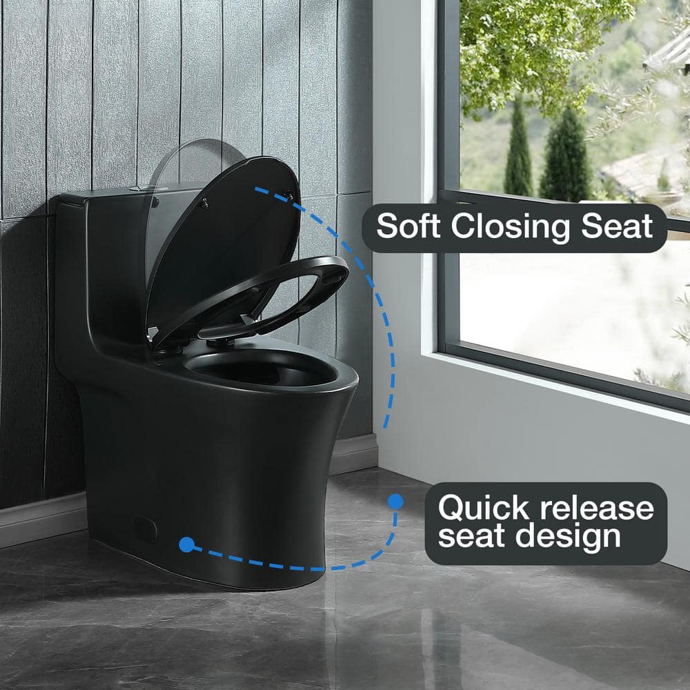 Matte Black Ceramic Dual-Flush Elongated One-Piece Toilet