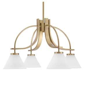 Olympia 14.25 in. 4-Light New Age Brass Downlight Chandelier White Muslin Glass Shade