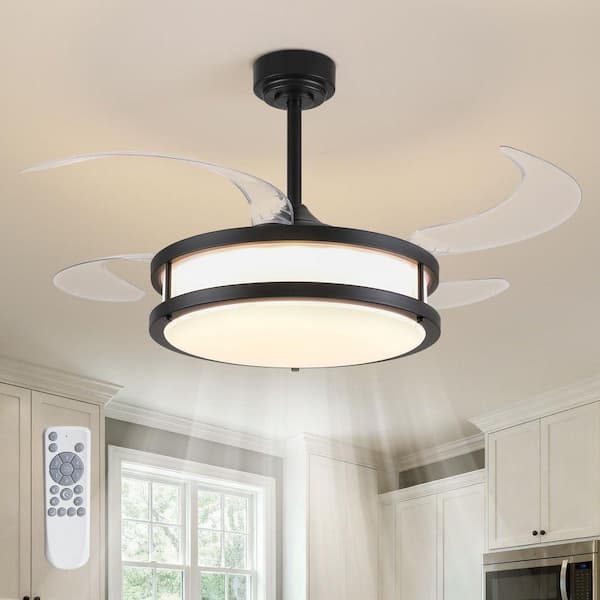 48 in. Indoor Downrod Mount Modern Black Retractable Fandelier Ceiling Fan Acrylic Shade Dimmable LED with Remote