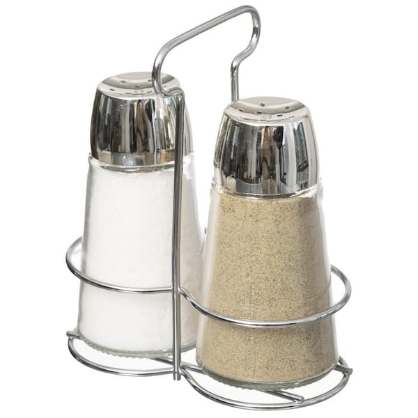 Multifunctional Glass Salt and Pepper Shaker Set with Stainless Steel Holder - Perfect for Kitchen Counters.