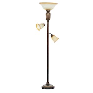 70 in. Brown Antique Style 3 Light Task and Reading Torchiere with 2 Movable Glass Shades