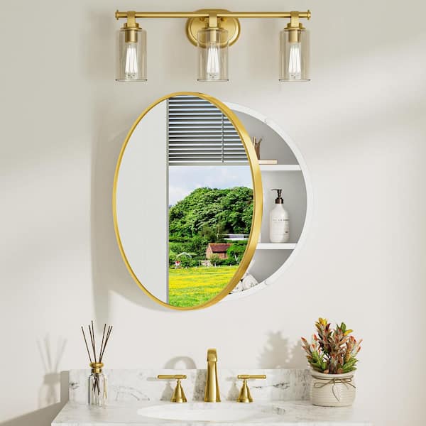 24 in. W x 24 in. H Round Gold White Metal Framed Surface Mount Medicine Cabinet with Mirror