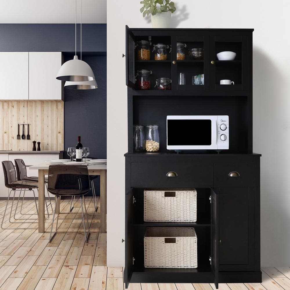 VEIKOUS Black Wood 39.3 in. W Kitchen Pantry Cabinet Storage with ...