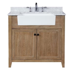 Sally 36 in. Single Bath Vanity in Ash Brown with Marble Vanity Top in Carrara White with Farmhouse Basin