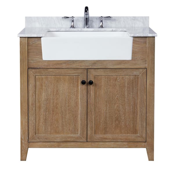 Ari Kitchen and Bath Sally 36 in. Single Bath Vanity in Ash Brown with Marble Vanity Top in Carrara White with Farmhouse Basin