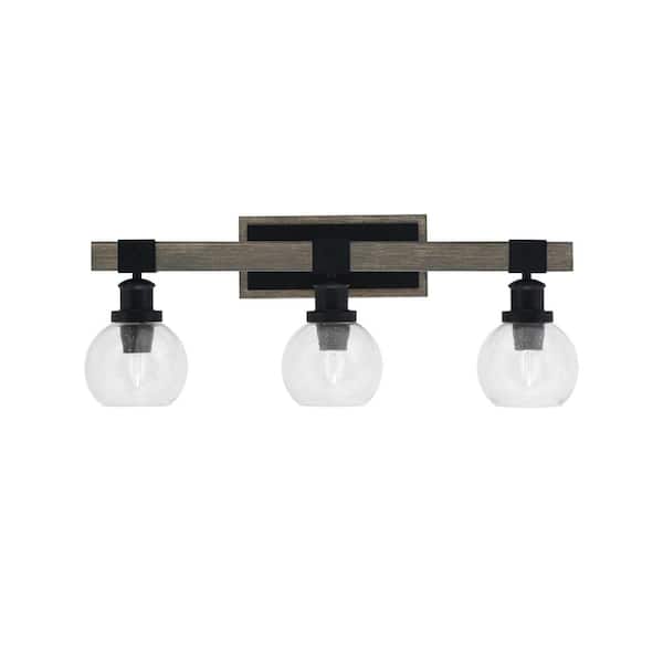 Unbranded Richmond 26.25 in. 3-Light Vanity Light Matte Black and Wood-look Metal with 5.75 in. Clear Bubble no bulbs included