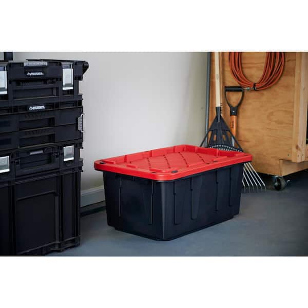 HDX 17 Gal. Tough Storage Tote in Black with Red Lid 206226 - The