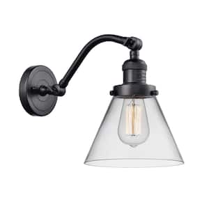 Cone 8 in. 1-Light Matte Black Wall Sconce with Clear Glass Shade