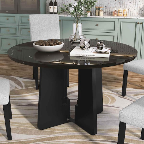 Black Wood 43.3 in. Pedestal Dining Table Seats 4
