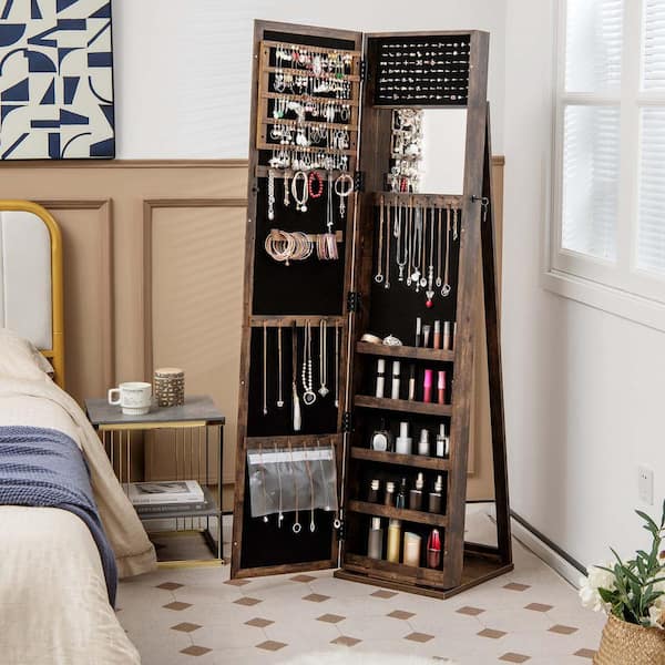 Brown Mirrored Jewelry Cabinet Armoire Lockable Standing Storage Organizer with Shelf