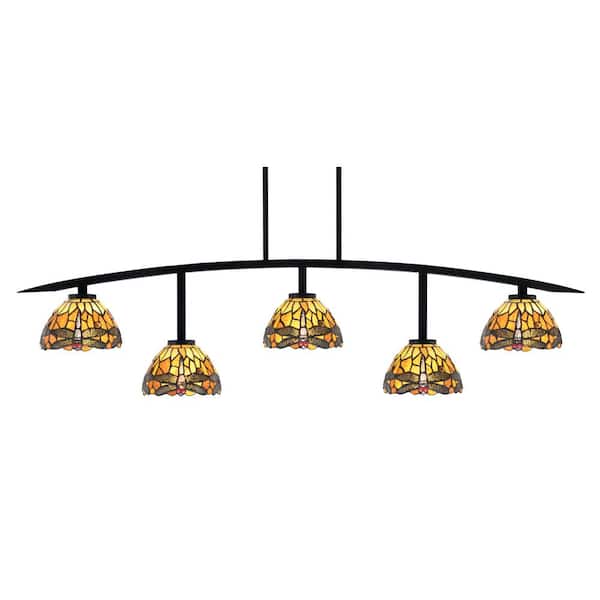 Unbranded Siena 5-Light Matte Black Billiard-Light with Amber Dragonfly Art Glass Shades