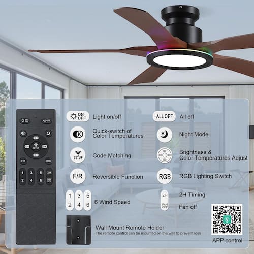 52 in. Indoor/Outdoor Modern Flush Mount Brown 6-Speed Ceiling Fan with RGB Color LED Light and Remote/APP Control Lighting