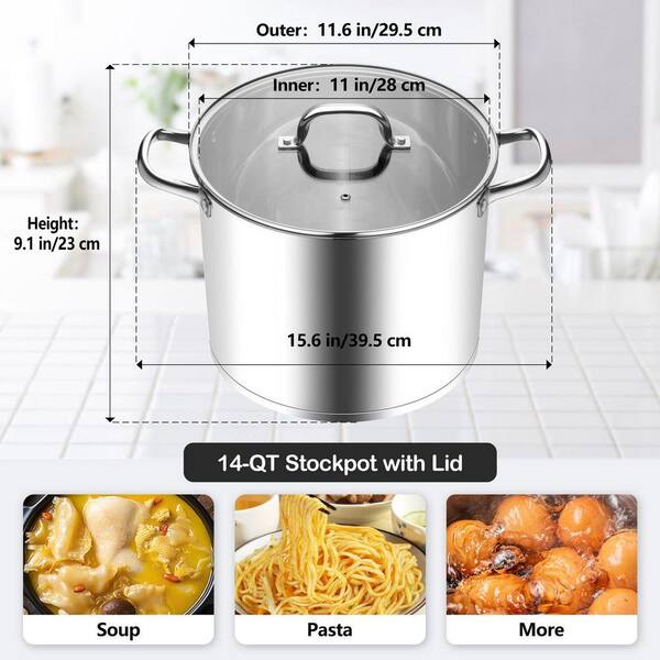 14 Quart Stainless Steel Stock Pot with Glass Lid, Tri-ply Heavy