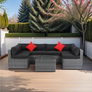 Gray 5-Piece Wicker Rattan Outdoor Sectional Set with Black Cushions and 2 Pillows