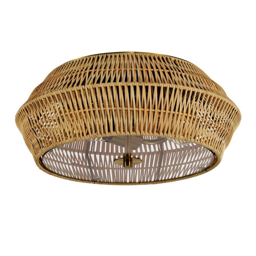 Vintage Brass and Natural Rattan Geometric Cage Flush Mount Light