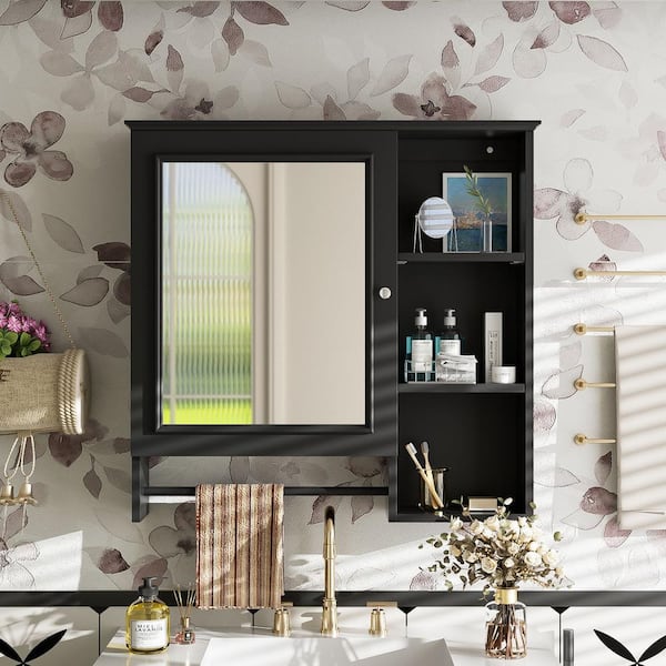 EPOWP 28.85 in. W x 28 in. H Rectangular MDF Medicine Cabinet with Mirror, Open Shelf and Towel Rack in Black