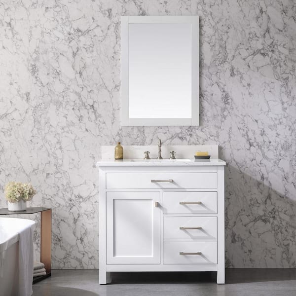 SUDIO Jasper 36 in. W x 22 in. D Bath Vanity in White with Engineered Stone Vanity in Carrara White with White Sink