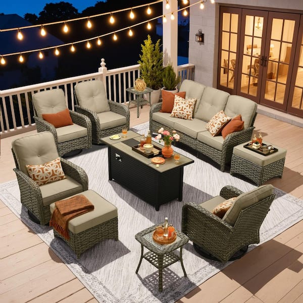 OVIOS Vinceny Gray 10-Piece Wicker Patio 54"Rectangle Fire Pit Conversation Set with Beige Cushions and Swivel Chairs