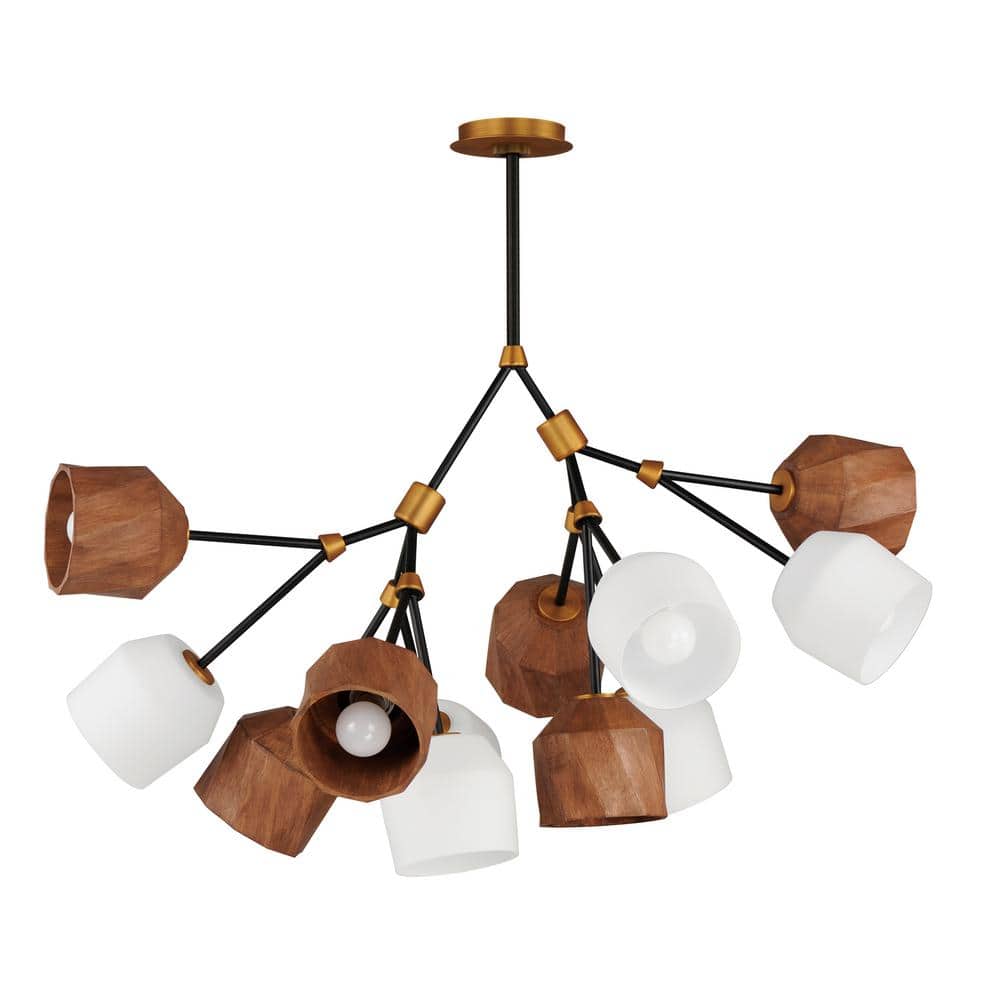 Akimbo 12-Light Dark Bronze and Antique Brass Chandelier with Wood and Glass Shades