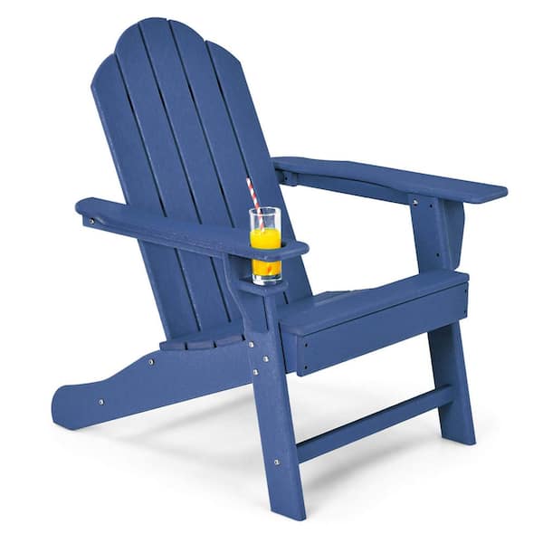 Costway Navy Plastic Patio Adirondack Chair Weather-Resistant Garden Deck with Cup Holder
