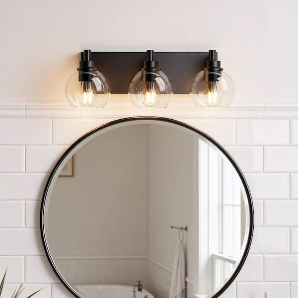 19 in. 3-Light Black Bathroom Vanity Light Fixture with Clear Globe Glass Shades, No Bulbs Included