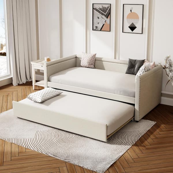 Harper & Bright Designs Beige Modern Style Twin Size Linen Upholstered Daybed with Trundle, Curved Arms, Nailhead Trims