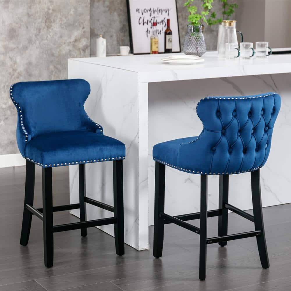 26.7 in. Blue Wing Back Wood Bar Stool Tufted Upholstered Velvet Counter Stools (Set of 2)