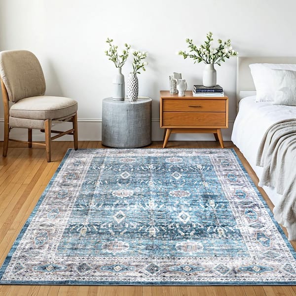 Machine Washable Paisley Azure Haven 5 ft. x 7 ft. Kitchen/Bedroom/Living Room Indoor Area Rug