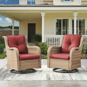 Carolina 2-Piece Yellow/Natural Wicker Swivel Glider, Lounge Chair Outdoor Rocking Chair with Cushion Guard Red Cushions