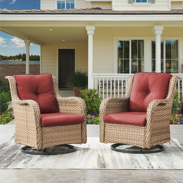 Gymojoy Carolina 2-Piece Yellow/Natural Wicker Swivel Glider, Lounge Chair Outdoor Rocking Chair with Cushion Guard Red Cushions