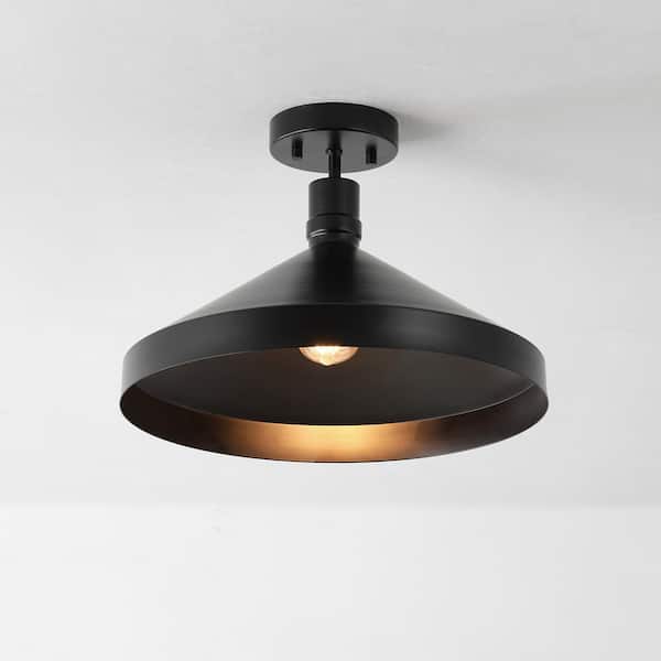 1-Light Matte Black Outdoor Flush Mount Light with Metal Black Shade