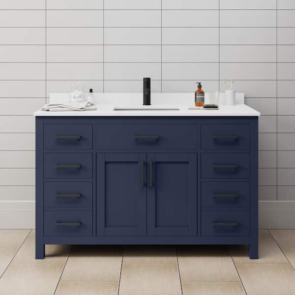 Wyndham Collection Beckett 54 in. W x 22 in. D x 35 in. H Single Sink Bathroom Vanity in Dark Blue with White Cultured Marble Top