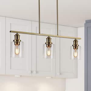 3-Light Plated Brass Island Hanging Chandelier Modern Pendant Light with Clear Glass Shade for Kitchen and Dining Room