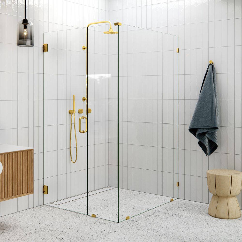 78" Frameless Clear Glass Shower Enclosure with Satin Brass Finish