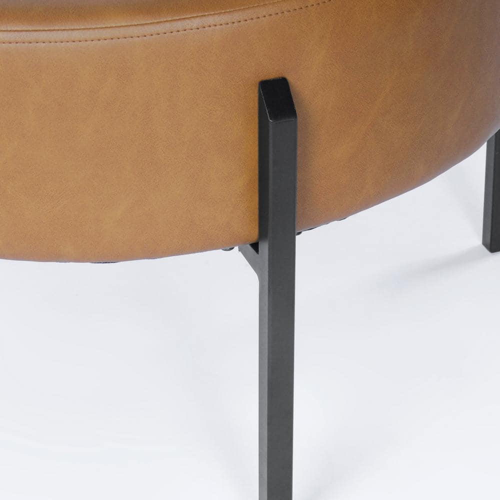 Carmel Faux Leather Round Ottoman with Black Metal Legs