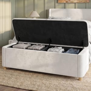 Modern 59 in. Cream Upholstered Velvet Storage Ottoman Bench with Solid Rubberwood Legs