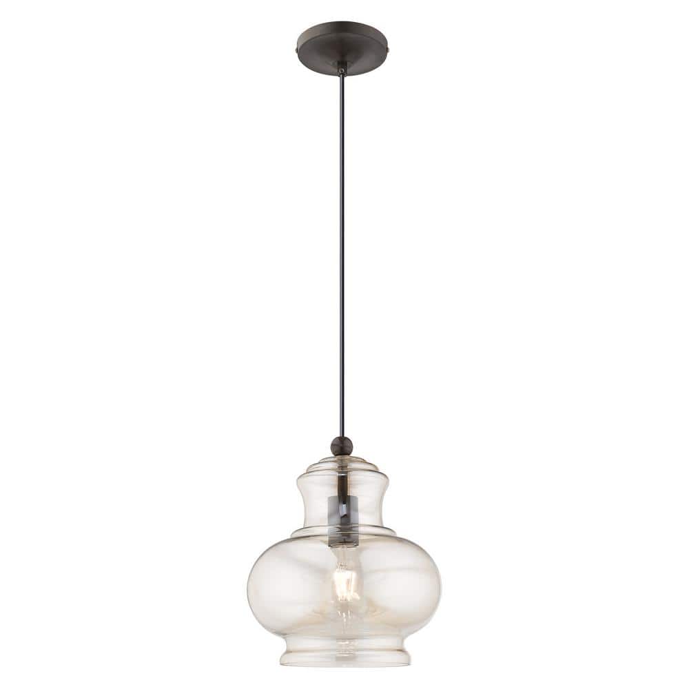 English Bronze & Champagne Glass 9" Mini Pendant Light