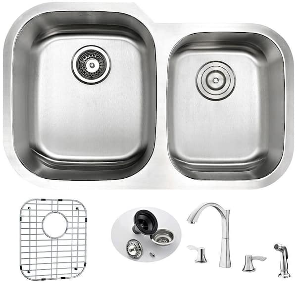 ANZZI MOORE Undermount Stainless Steel 32 in. Double Bowl Kitchen Sink and Faucet Set with Soave Faucet in Brushed Nickel