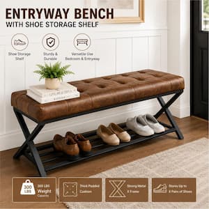 X Legs Yellow Brown Faux Leather Upholstered Storage Bench 45 in. W End of Bed Entryway Bench with Shoe Storage Shelf